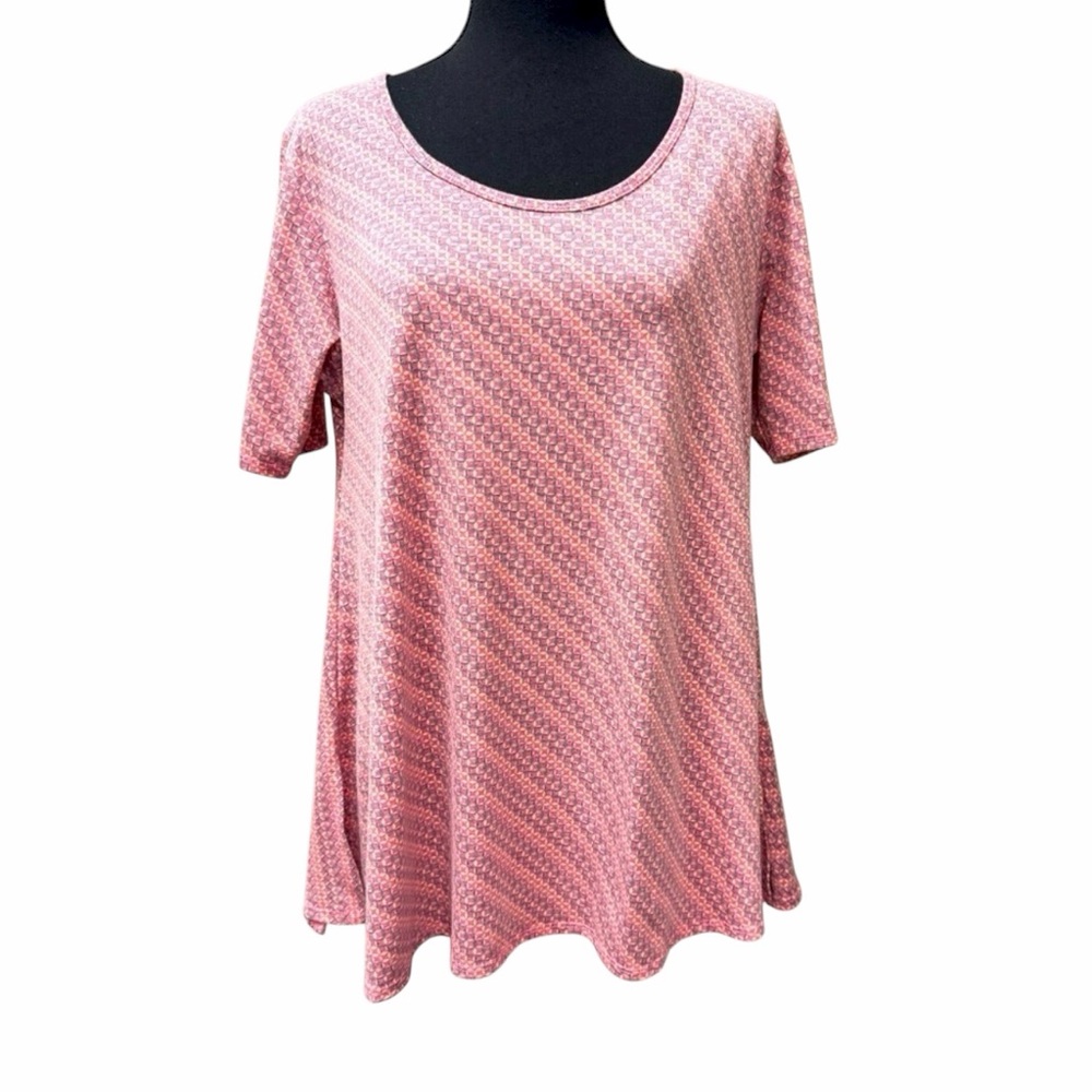 LuLaRoe Pink geometric asymmetrical hem Short Sleeve Tunic Top size Medium